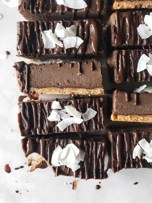 Chocolate Peanut Butter Vegan Cheesecake Bars