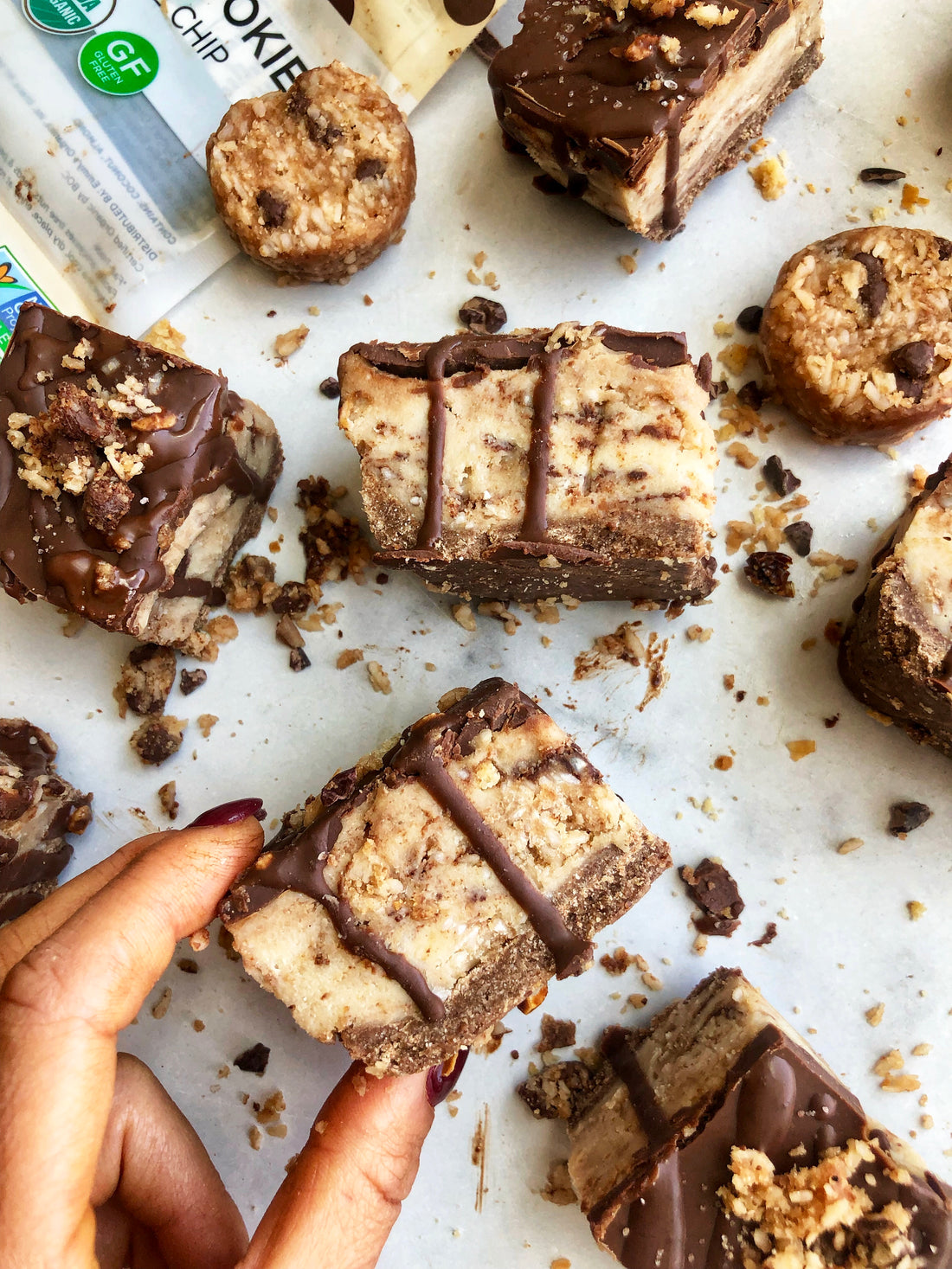 Chocolate Chip Cookie Dough Chunk Cheesecake Bars | Emmy's Organics