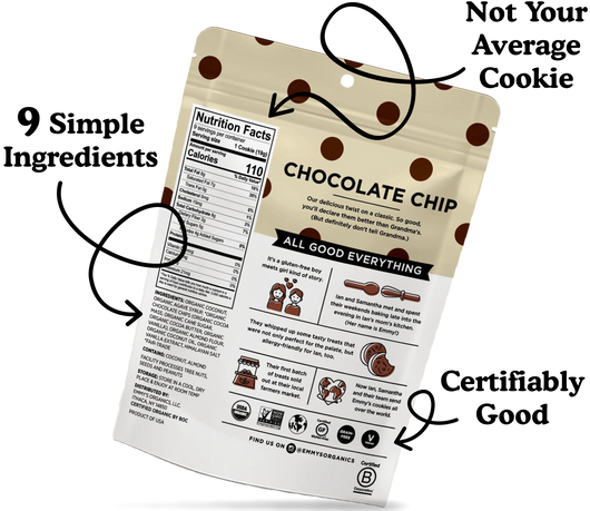 image of the back of the package, Not Your Average Cookie, 9 Simple Ingredients, Certifiably Good